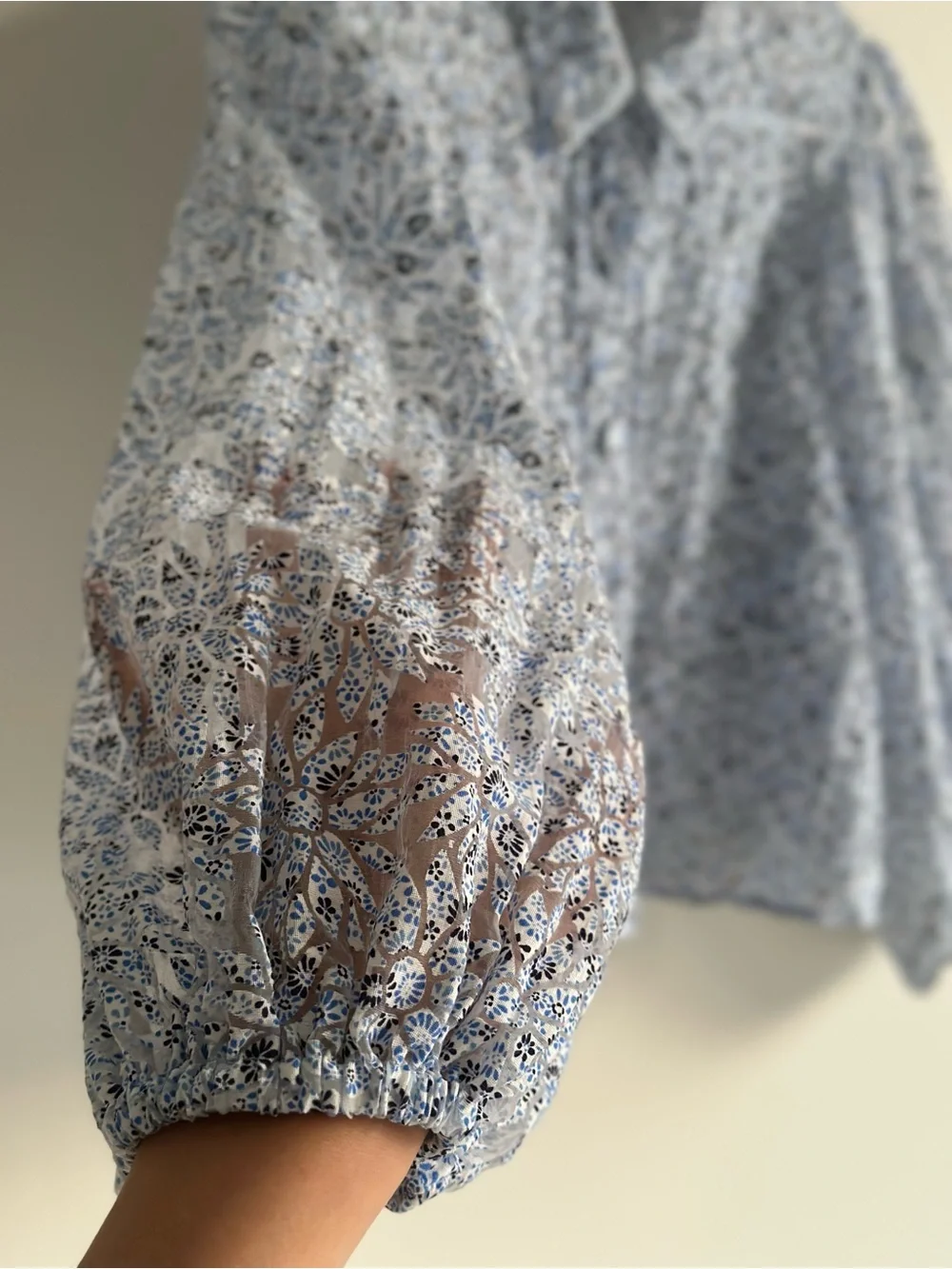 Zara Blue Floral Lace Cropped Puff Sleeve Button-Up Blouse Size M